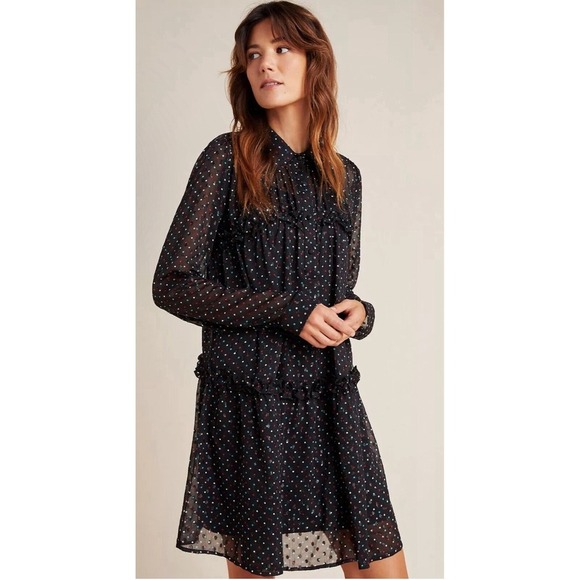 Anthropology EVA FRANCO Haven Ruffle Polka Dot Collar TUNIC DRESS BLACK 6 - Picture 1 of 14